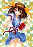  aoi_yuuka_(ao_no_kokoro) brown_eyes brown_hair colored_pencil_(medium) hair_ribbon hairband hands kita_high_school_uniform marker_(medium) open_mouth orange_hairband panties pantyshot pastel_(medium) ribbon school_uniform serafuku short_hair smile solo striped striped_panties suzumiya_haruhi suzumiya_haruhi_no_yuuutsu traditional_media underwear 