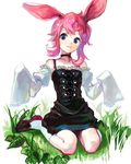  :3 animal_ears blue_eyes bunny_ears cute detached_sleeves pink_hair red_hair sitting sleeves_past_wrists solo taira wariza 