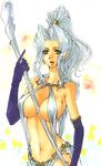  breasts cleavage earrings elbow_gloves female gensou_suikoden gensou_suikoden_i gensou_suikoden_ii gensou_suikoden_iii gensou_suikoden_iv gensou_suikoden_v gloves gradient gradient_background green_eyes jeane jewelry large_breasts lips long_hair midriff moimoi29 ponytail rhapsodia sideboob silver_hair solo staff suikoden suikoden_i suikoden_ii suikoden_iii suikoden_iv suikoden_v underboob weapon white_background 