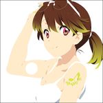  brown_hair extra eyewear_on_head glasses k-on! lowres mizuki_makoto musical_note ponytail red_eyes shibaya_toshimi smile solo tattoo 