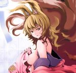  animal_ears bare_shoulders blonde_hair breasts fox_ears hat hat_removed headwear_removed large_breasts light_smile off_shoulder shin_(mintia000) short_hair sideboob solo touhou yakumo_ran yellow_eyes 