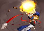  amder bad_id bad_pixiv_id beret blazblue blonde_hair bolverk bullet dual_wielding firing green_eyes gun handgun hat holding noel_vermillion solo weapon 