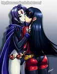  ass black_hair crossover forehead_jewel french_kiss karosu_maker kiss long_hair multiple_girls purple_hair raven_(dc) superhero teen_titans the_incredibles violet_parr watermark yuri 