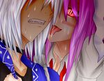  1girl animal_ears bad_id bad_pixiv_id blazer blush breasts bunny_ears choker cleavage collarbone jacket licking long_hair medium_breasts morichika_rinnosuke necktie open_eyes purple_hair red_eyes reisen_udongein_inaba shirt short_hair silver_hair sweat tenohira_kurumi tongue touhou upper_body white_shirt yandere 