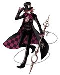  1boy alice_in_wonderland argyle black_gloves black_pants black_shoes bow chains checkered formal full_body gloves hair_over_eyes hand_on_hat hand_on_headwear hat hat_over_eyes highres mad_hatter male male_focus pants running shoes simple_background smile solo suit top_hat waistcoat 