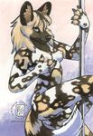  2003 african_wild_dog amber_eyes breast_fondling breasts brown canine dancing dog female fondling kacey looking_at_viewer markings nude otonashi pole_dancing solo standing tail 