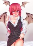  &gt;:) :d bare_shoulders bat_wings blush breasts cleavage collarbone head_wings koakuma large_breasts long_hair naughty_face off_shoulder open_mouth purple_eyes red_eyes red_hair shirt_pull skirt skirt_lift smile solo tatsumoto touhou undressing v-shaped_eyebrows vest wings 
