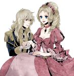  blonde_hair blue_eyes breasts choker cleavage closed_fan dress fan folding_fan frilled_sleeves frills gloves gown holding_hands kmgk marie_antoinette_(versailles_no_bara) medium_breasts multiple_girls oscar_francois_de_jarjayes reverse_trap ribbon versailles_no_bara 