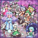  cherry_blossoms graveyard hakurei_reimu hat jiangshi kasodani_kyouko kirisame_marisa kisasage_kouta kochiya_sanae konpaku_youmu miyako_yoshika multiple_girls ofuda outstretched_arms petals pixel_art saigyouji_yuyuko skull tatara_kogasa ten_desires touhou triangular_headpiece zombie_pose 