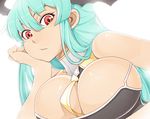  aqua_hair bloom breasts chin_rest cleavage huge_breasts kosame_daizu long_hair morrigan_aensland red_eyes solo upper_body vampire_(game) 