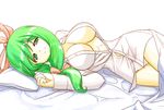  bed bow breasts cleavage dress_shirt front_ponytail green_eyes green_hair kagiyama_hina large_breasts looking_at_viewer lying mono_(moiky) no_bra no_pants on_side open_clothes open_shirt panties shirt solo striped striped_panties touhou unbuttoned underwear 