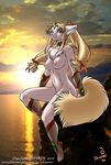  blonde_hair blue_eyes breasts dr_comet female hair looking_at_viewer sitting solo sunset tail topless twin_tails unknown_species 