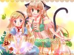  animal_ears apron blonde_hair blue_eyes blush cat_ears cat_tail clover dress fake_animal_ears green_eyes hair_ornament hair_ribbon hanamoto_hagumi highres honey_and_clover long_hair multiple_girls mushroom navel ribbon tail wavy_hair yamada_ayumi yuuki_sara 