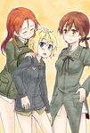  blonde_hair blue_eyes blush brown_eyes brown_hair closed_eyes erica_hartmann gertrud_barkhorn hand_on_another's_head hand_on_hip hand_on_shoulder itsuki_kuro long_hair military military_uniform minna-dietlinde_wilcke multiple_girls open_mouth panties red_hair short_hair smile strike_witches twintails underwear uniform world_witches_series 