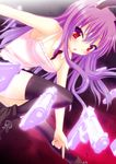  alternate_costume animal_ears bare_shoulders between_breasts black_legwear breasts bunny_ears cleavage floating gun handgun long_hair medium_breasts necktie open_mouth purple_hair red_eyes reisen_udongein_inaba saki_chisuzu skirt solo thighhighs touhou weapon zettai_ryouiki 