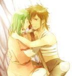  1girl bandages brown_hair closed_eyes couple erin face-to-face green_hair hetero hug ia-lu kemono_no_souja_erin short_hair sword takana tears weapon 