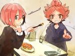  bad_id bad_pixiv_id casual food fork green_eyes hood hoodie inazuma_eleven inazuma_eleven_(series) kiyama_hiroto looking_at_viewer male_focus multiple_boys nagumo_haruya pointing razico red_hair restaurant yellow_eyes 