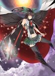  adapted_costume alternate_costume alternate_weapon arm_cannon bad_id bad_pixiv_id black_hair black_legwear breasts cape hair_ribbon highres large_wings light_particles long_hair looking_at_viewer medium_breasts navel omega_(endsunrise) pleated_skirt ponytail red_eyes reiuji_utsuho ribbon shiny shiny_clothes skindentation skirt solo sun thighhighs touhou weapon wings zettai_ryouiki 