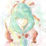  aqua_hair bad_id bad_pixiv_id closed_eyes front_ponytail hair_ribbon highres kagiyama_hina maki_(huran) ribbon sketch smile solo touhou 