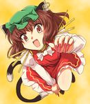  animal_ears brown_eyes brown_hair cat_ears cat_tail chen collar earrings fang fingernails flx hat jewelry long_fingernails multiple_tails nekomata open_mouth red_skirt skirt solo tail touhou 