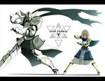  1girl armor blonde_hair blue_eyes cape dress fighting_stance gauntlets greaves height_difference helmet keemu_(occhoko-cho) knight letterboxed pixiv_fantasia pixiv_fantasia_5 scarf sweatdrop 