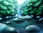  blue_eyes blue_hair blurry boots camouflage depth_of_field hair_bobbles hair_ornament highres kawashiro_nitori light_rays looking_back nature rock rubber_boots ryosios short_hair solo sunbeam sunlight touhou transparent water 