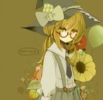 alternate_costume alternate_hairstyle bad_id bad_pixiv_id balloon bespectacled blonde_hair braid contemporary english flower glasses hat kirisame_marisa long_hair necktie purintowswsp ribbon solo suspenders tears touhou twintails upper_body witch_hat yellow_eyes 