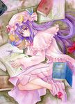  aoi_yuuka_(ao_no_kokoro) book bookmark bow capelet crescent frills graphite_(medium) hair_bow hat long_hair lying on_side pastel_(medium) patchouli_knowledge purple_eyes purple_hair solo touhou traditional_media very_long_hair watercolor_(medium) 