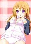  blonde_hair blush charlotte_dunois infinite_stratos jacket long_hair no_pants odayan panties purple_eyes solo track_jacket underwear unzipped 