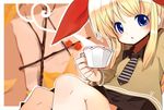  bad_id bad_pixiv_id blonde_hair blue_eyes bow cup fuyuno_mikan hair_bow necktie original pleated_skirt skirt solo teacup 