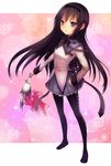  akemi_homura black_hair black_hairband boots hairband hand_on_hip highres kyubey long_hair magical_girl mahou_shoujo_madoka_magica pantyhose purple_eyes solo sparkle standing tsukuru_(seki_sabato) 