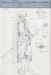  alex_row boots cape concept_art full_body greyscale last_exile male_focus monochrome murata_renji sketch solo steampunk translation_request 