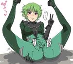  ass ass_grab blush body_suit bodysuit cameltoe erect_nipples green_hair gundam gundam_00 hilling_care insertion masturbation nipples object_insertion purple_eyes short_hair sima skin_tight skintight smile spread_legs sweat translated translation_request v vaginal vibrator 