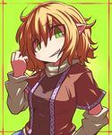  blonde_hair green_eyes grin hakika mizuhashi_parsee pointy_ears short_hair simple_background smile solo touhou 