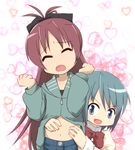  arms_up belly_rub blue_eyes blue_hair blush bow closed_eyes hair_bow heart kay-u mahou_shoujo_madoka_magica midriff miki_sayaka mitakihara_school_uniform multiple_girls navel open_clothes open_mouth open_shirt ponytail red_hair sakura_kyouko school_uniform shirt tears tickling 