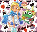  alice_(wonderland) alice_(wonderland)_(cosplay) alice_in_wonderland angol_mois animal_ears apron asami blonde_hair blue_legwear blue_skirt blush bow broom brown_eyes bunny_ears card card_background cosplay dark_skin dress dress_tug gyaru hair_bow hinata_natsumi keroro keroro_gunsou multiple_girls playing_card short_hair skirt standing striped striped_legwear sweat sweatdrop thighhighs watch zettai_ryouiki 