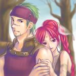  arm_grab braid brown_eyes couple dancer earrings fire_emblem fire_emblem:_seima_no_kouseki fire_emblem_sacred_stones gerik green_hair hand_holding harem_outfit headband hug hug_from_behind jewelry lips lipstick long_hair lowres makeup red_eyes red_hair scar short_hair tethys tree 