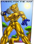  buff dumbbell feline female gloves lens_flare lion max_blackrabbit muscles nude reaching solo sweat training worm&#039;s_eye_view 