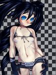  belt bikini_top black_hair black_rock_shooter black_rock_shooter_(character) blue_eyes blush bodypaint breasts checkered checkered_background gloves hand_on_hip highres long_hair midriff navel nipple_piercing nipples nude painted_clothes pale_skin piercing pussy raplus scar short_shorts shorts small_breasts solo sweat twintails very_long_hair 