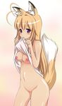  animal_ears aoinagi blonde_hair bottomless fox_ears heart heart_pasties kanokon long_hair minamoto_chizuru mouth_hold navel no_bra no_pussy pasties purple_eyes shirt_lift solo tail 