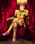 armor bad_id bad_pixiv_id blonde_hair chin_rest crossed_legs curtains earrings fate/stay_night fate_(series) gilgamesh hali highres jewelry male_focus red_eyes sitting smile solo 