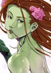  bad_id bad_pixiv_id batman_(series) brown_hair dc_comics flower green_eyes green_skin hair_flower hair_in_mouth hair_ornament himegami_shino long_hair plant_girl poison_ivy solo 