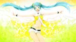  aqua_eyes aqua_hair belt bracelet floating_hair hatsune_miku headphones highres jewelry long_hair navel necktie open_mouth outstretched_arms project_diva_(series) project_diva_2nd solo twintails venuspunk very_long_hair vocaloid yellow yellow_(vocaloid) 