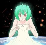  ahoge bare_shoulders battle biruberu end_of_evangelion explosion glowing green_hair laser lowres macross macross_frontier neon_genesis_evangelion parody planet ranka_lee red_eyes short_hair smile solo space spoilers vf-25 