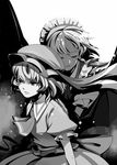  ascot bad_id bad_pixiv_id bow braid brooch dress greyscale hair_bow hat hounori izayoi_sakuya jewelry maid_headdress monochrome multiple_girls remilia_scarlet short_hair touhou wings 