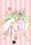  argyle argyle_legwear bad_id bad_pixiv_id bow cake club_(shape) cup diamond_(shape) food green_hair hair_bow hatsune_miku heart highres kame_nyanko key kneehighs lock long_hair open_mouth pink_legwear pocket_watch sitting socks solo spade_(shape) teacup twintails very_long_hair vocaloid watch 