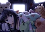  bad_id bad_pixiv_id bedroom black_hair blue_eyes dark_room giraffe indoors kami-sama_no_memo-chou long_hair lying on_side pajamas shionji_yuuko smile solo stuffed_animal stuffed_toy tanno_shii teddy_bear thighhighs window 