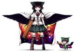  arm_cannon asymmetrical_clothes black_hair blush bow cape chibi hair_bow highres long_hair mismatched_footwear open_mouth red_eyes reiuji_utsuho smile solo space third_eye touhou tsubasa_(abchipika) weapon wings 