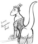  argonian female lifts-her-tail looking_at_viewer looking_back lusty_argonian_maid maid maid_uniform monochrome scalie sketch solo the_elder_scrolls tom_fischbach video_games 