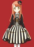  1girl blush bow dress female flower gothic_lolita hat jacket lolita_fashion long_hair orange_hair original ribbon rose skirt skirt_lift smile solo striped striped_dress yellow_eyes 